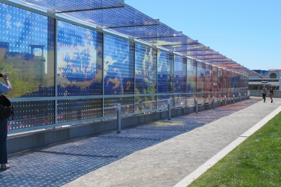 Sculpture "Seattle Cloud Cover," by Teresita Fernandez, 2006, a pedestrian bridge with photographic material between layers of glass. Photo by Barbara Newhall