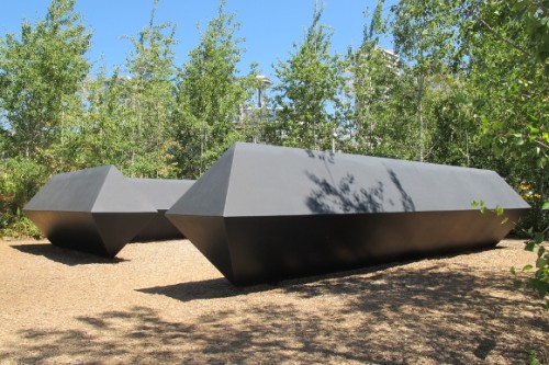 Massiveangular steel shapes form sculpture "Stinger" by Tony Smith. Photo by Barbara Newhall