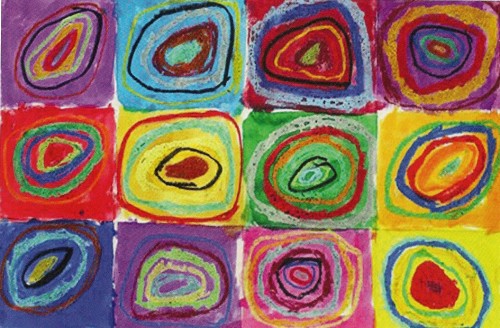 Abstract multicolored art with circles and squares by for Kidspirit Online by Eliie Green. Art by Ellie Green.