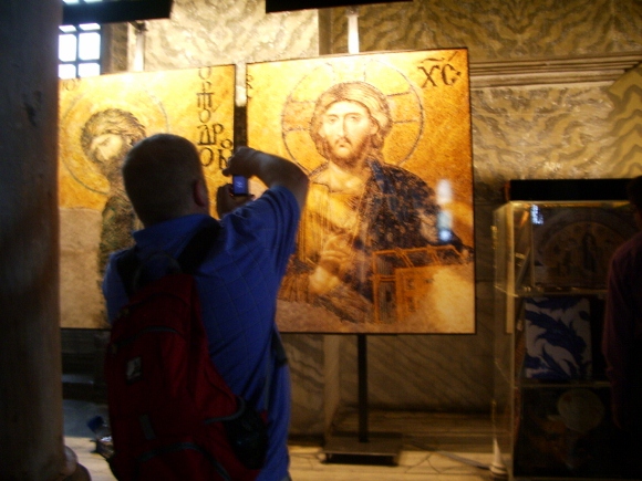 A replica of an image of Jesus found on the  the walls of Istanbul's ancient Hagia Sophia gives visitors a close up look at the centuries-old Eastern Orthodoz icon. Photo by Barbara Newhall