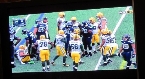 nfl 2015 superbowl playoffs, seattle-greenbay, TV screen shot of game. Photo by Barbara Newhall