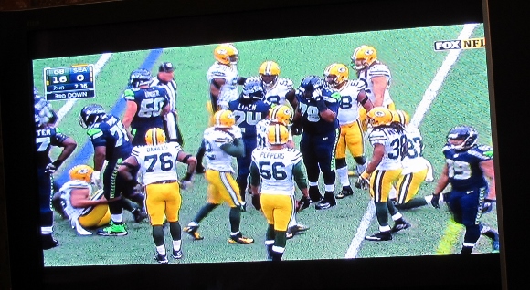 nfl 2015 superbowl playoffs, seattle-greenbay, TV screen shot of game. Photo by Barbara Newhall