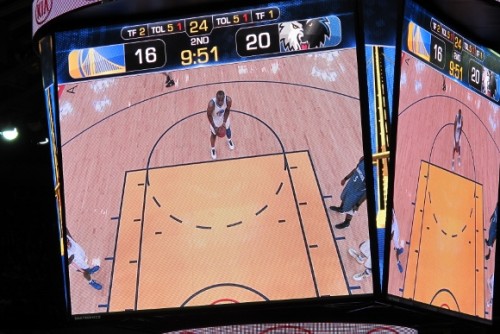 A free throw shot projected onto the overhead viewer at a Warriors basketball game in Oakland, CA. Photo by Barbara Newhall