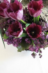 Floral design with nearly black tulips by Susan Bell Floral, Alameda, Susan Bell, "Spring Sprung"  Photo by Barbara Newhall