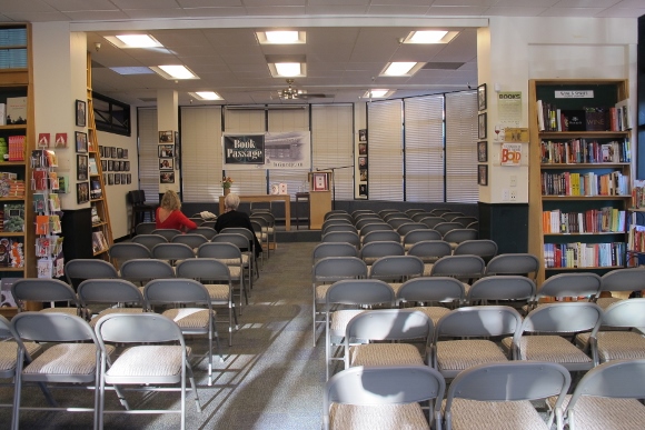 A room full of empty chairs at Book Passage bookstore, California, awaits Barbara Falconer Newhall's book launch for "Wrestling with God." Photo by Jon Newhall