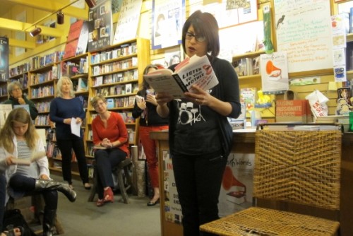 Michelle Cruz Gonzales read her story published in "Listen to Your Mother" (Putnam) at a book reading held at A Great Good Place for Books bookstore in Oakland, CA, April 24, 2015. Photo by Barbara Newhall