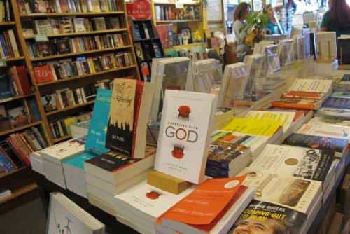 Barbara Falconer Newhall's book "Wrestling with God" is on display on a counter in A Great Good Place for Books bookstore in Oakland California. Photo by Barbara Newha