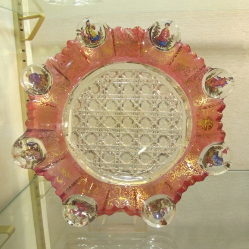 Decorative glass circa 1835-1845. Bohemia. Round plate with amber Painted glass with chinoiserie motifs. glasmuseum passau. photo by barbara newhall