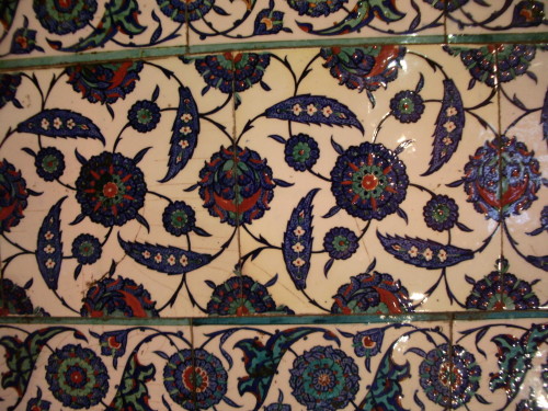 Intricate blue, red and white tiles decorate the wall of a mosque in Istanbul. Does Islam scare you?  Photo by Barbara Newhall