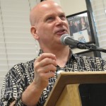 david corbett, crime writer and travel and writing teacher, speaks at 8-3-2015 meeting of Left Coast Writers, book passage, corte madera on the occasion of pub of "The Mercy of the Night' Photo by Barbara Newhall