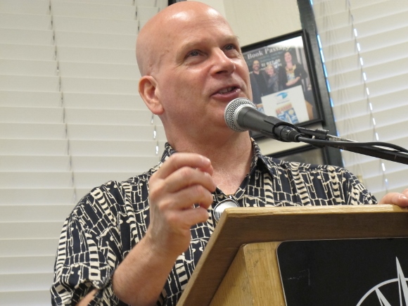 david corbett, crime writer and travel and writing teacher, speaks at 8-3-2015 meeting of Left Coast Writers, book passage, corte madera on the occasion of pub of "The Mercy of the Night'  Photo by Barbara Newhall