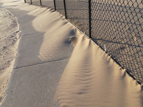 Ridges of sand build up on a sidewalk on the Lake Michigan shore near Pentwater, Michigan. Photo by Barbara Newhall