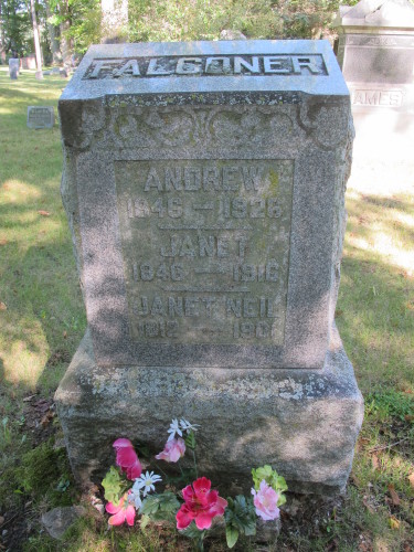 The tombstone of my great-grandparents, Andrew and Janet Falconer, from Scothland. Photo by Barbara Newhall Barbara Falconer Newhall travels up and down Michigan's lower peninsula, visiting friends and family and putting on book events for "Wrestling with God."