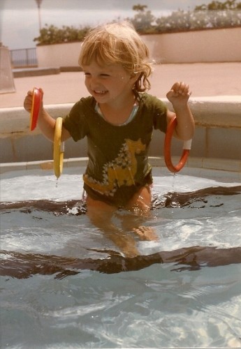 Toddler girl Christina in the adult pool at Miami Beach condominium, not designed for children. Photo by Barbara Newhall