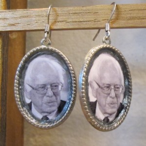 Earrings with photo of Bernie Sanders. $20 by Fuff. At the Berkeley Artisans Holiday Open Studios 2015.
