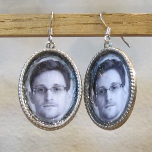Earrings with photos of Edward Snowden by Fuff. $20 Fuff@fuff.net. Berkeley Artisans Holiday Open Studios Dec. 5, 2015. Artists show and sell their wares. 