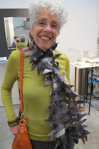 Miriam Abramowitsch wears one of her scarves made of hand-made felt at Berkeley Artisans Holiday Open Studios Dec. 2015. Photo by Barbara Newhall