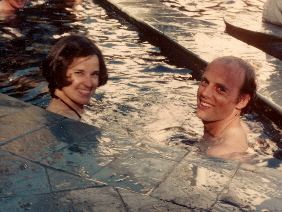 Barbara Falconer and Jon Newhall in a swimming pool circa 1975. Photo by Ruth Newhall