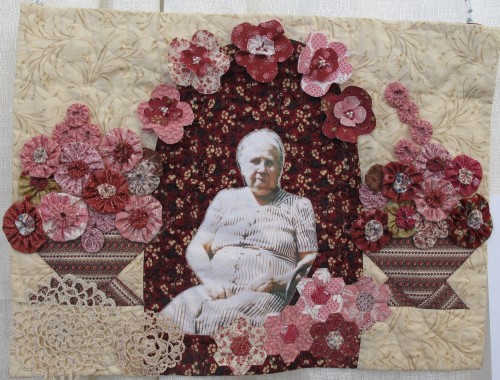 On display at the East Bay Heritage Quilters show "Voices in Cloth 2016" in Richmond, CA, a quilt showing a photograph of "Hannah Deverger Sandell" was made in honor of quilter Suzi Stone's grandmother. Photo by Barbara Newhall