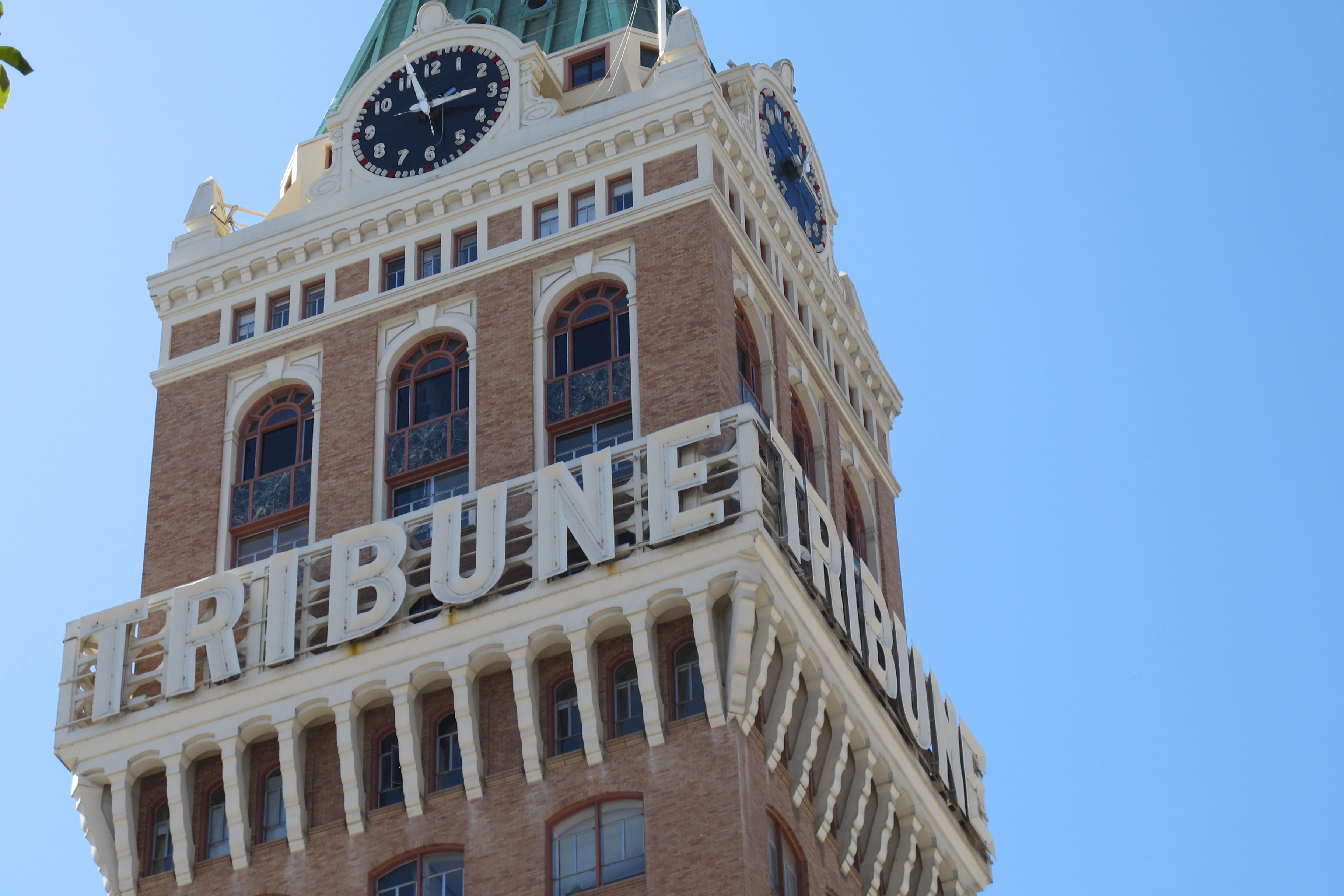 writing retreat report: The Oakland Tribune Tower. On April 4, 2016, former employees of the Oakland, California, Tribune, had a wake in honor of the paper's last day of publication. Photos by Barbara Newhall