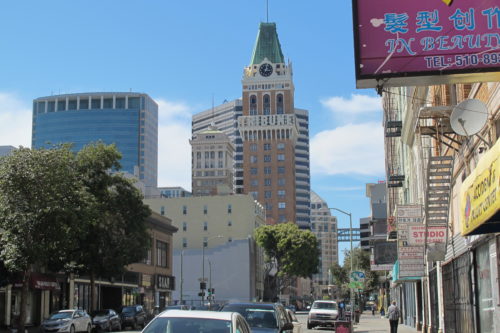 Downtown Oakland, CA, with the Oakland Tribune Tower. On April 4, 2016, former employees of the Oakland, California, Tribune, had a wake in honor of the paper's last day of publication. Photos by Barbara Newhall