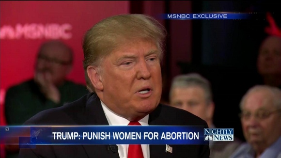 Clip from video of NBC News report on Donald Trump's statement to Chris Matthews that if abortion is made illegal a woman should be punished for having one. NBC News Video