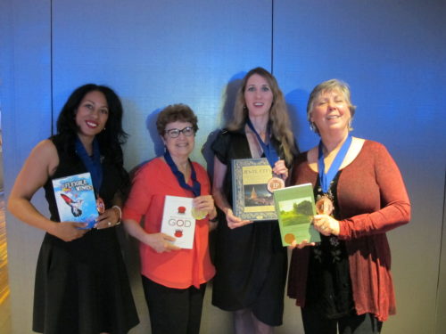 Veda Stamps ("Flexible Wings," IMO Books), barbara Newhall ("Wrestling with God"), Laura A. Ackley ("San Francisco's Jewel City," Heyday), Aleta George ("Ina CoolBrith," Shifting Plates Press) at IPPY awards 2016. Photo by Jon Newhall