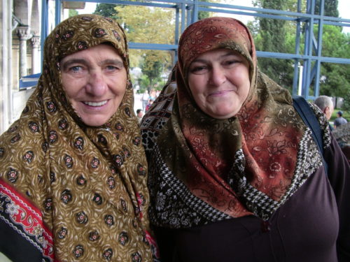 Two older, German-speaking Turkish women wearing colorful headscarves in Istanbul. Photo by Barbara Newhall
