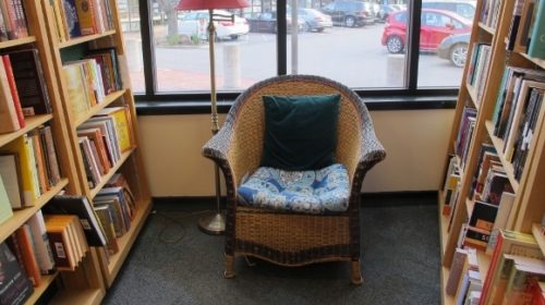Goodreads book giveaway. Easy chair and bookcases at Book Passage bookstore, Corte Madera. Photo by Barbara Newhall