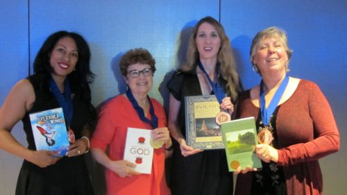 Book Contests. IPPY winner Veda Stamps ("Flexible Wings," IMO Books), barbara Newhall ("Wrestling with God"), Laura A. Ackley ("San Francisco's Jewel City," Heyday), Aleta George ("Ina CoolBrith," Shifting Plates Press) at IPPY awards 2016. Photo by Jon Newhall