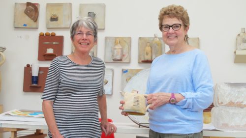 Nancy Selvin and Barbara Falconer Newhallat Nancy's studio with a Selvin tea pot she bought for her birthday. Photo by Barbara Newhall