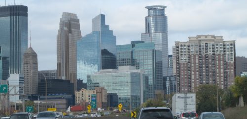 Twin Cities. Minneapolis skyline in October from Highway 35w heading north. Photo by Barbara Newhall