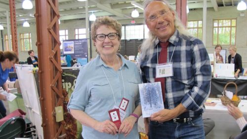 Tim Jollymore of Oakland, writes novels. Here with Barbara Falconer Newhall, author of Wrestling with God, at the Twin Cities Book Festival, Minneapolis, MN. Photo by Barbara Newhall