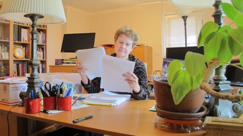 Kudos for Wrestling with God! Barbara Falconer Newhall at her home office desk getting ready to do final edits on her book, "Wrestling with God." Photo by Barbara Newhall