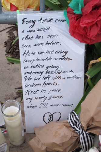 A written tribute to artists left at the scene of the Oakland Ghost Ship fire that killed 36. Photo by Barbara Newhall