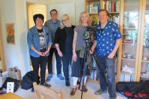 The crew of a documentary about Armistead Maupin crowded into the writing studio of author Barbara Falconer Newhall: assistant Val Castro, sound recordist Mark Whelan, make-up Joel King, director Jennifer Kroot, cinematographer Shane King. Photo by Barbara Newhall