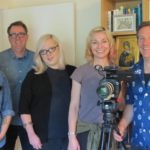 The crew of a documentary about Armistead Maupin crowded into the writing studio of author Barbara Falconer Newhall: assistant Val Castro, sound recordist Mark Whelan, make-up Joel King, director Jennifer Kroot, cinematographer Shane King. Photo by Barbara Newhall