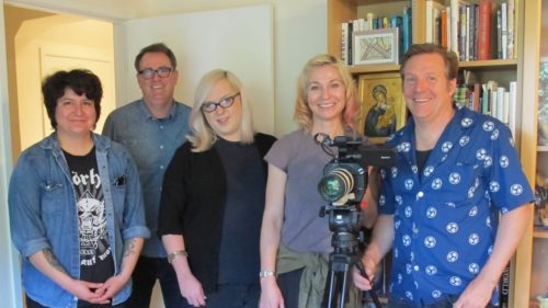 The crew of a documentary about Armistead Maupin crowded into the writing studio of author Barbara Falconer Newhall: assistant Val Castro, sound recordist Mark Whelan, make-up Joel King, director Jennifer Kroot, cinematographer Shane King. Photo by Barbara Newhall
