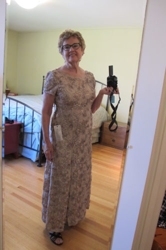 mother-of-the-bride dress. Alex Evenings rosette champagne full length. Photo by Barbara NewhallNewhall