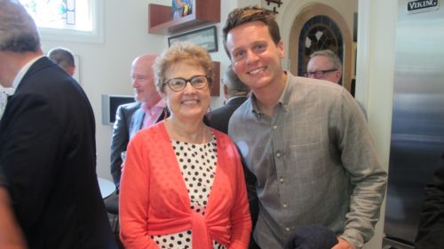 I was important at the cast party for "The Untold Tales of Armistead Maupin, San Francisco, June 15, 2017. Barbara Falconer Newhall and Jonathan Groff of TV show "Looking." Photo by Jon Newhall