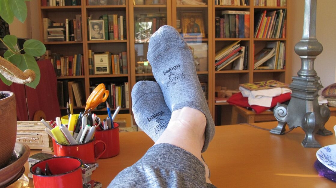 wearing my balega-socks for the famous author