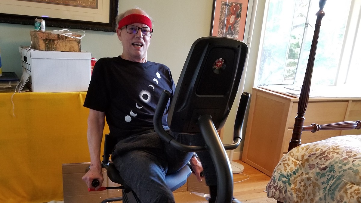 talk to my deceased husband, the one who worked out regularly on his recumbent-bike?